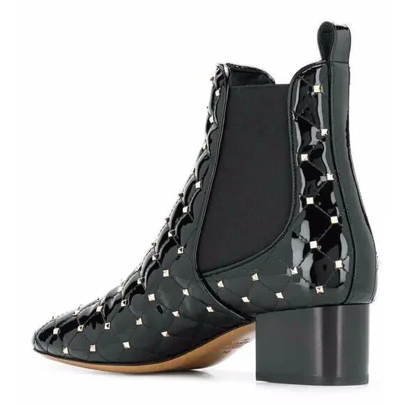 Valentino Rockstud Chelsea Spike Black Patent Stud Heel Short Ankle Bootie 37